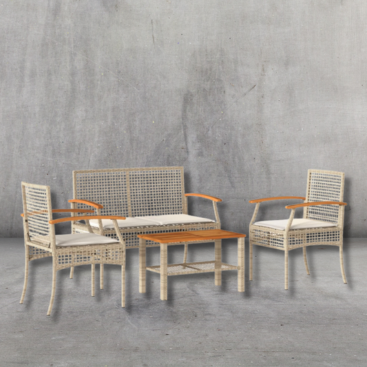 "4-tlg. Garten-Lounge-Set mit Kissen Beige Poly Rattan"