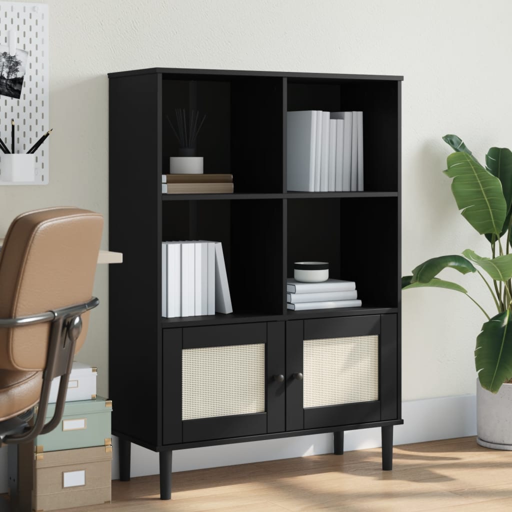 Bücherschrank Rattan-Look Schwarz 90x35x130 cm Kiefernholz