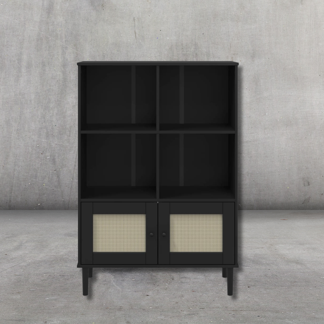 Bücherschrank Rattan-Look Schwarz 90x35x130 cm Kiefernholz