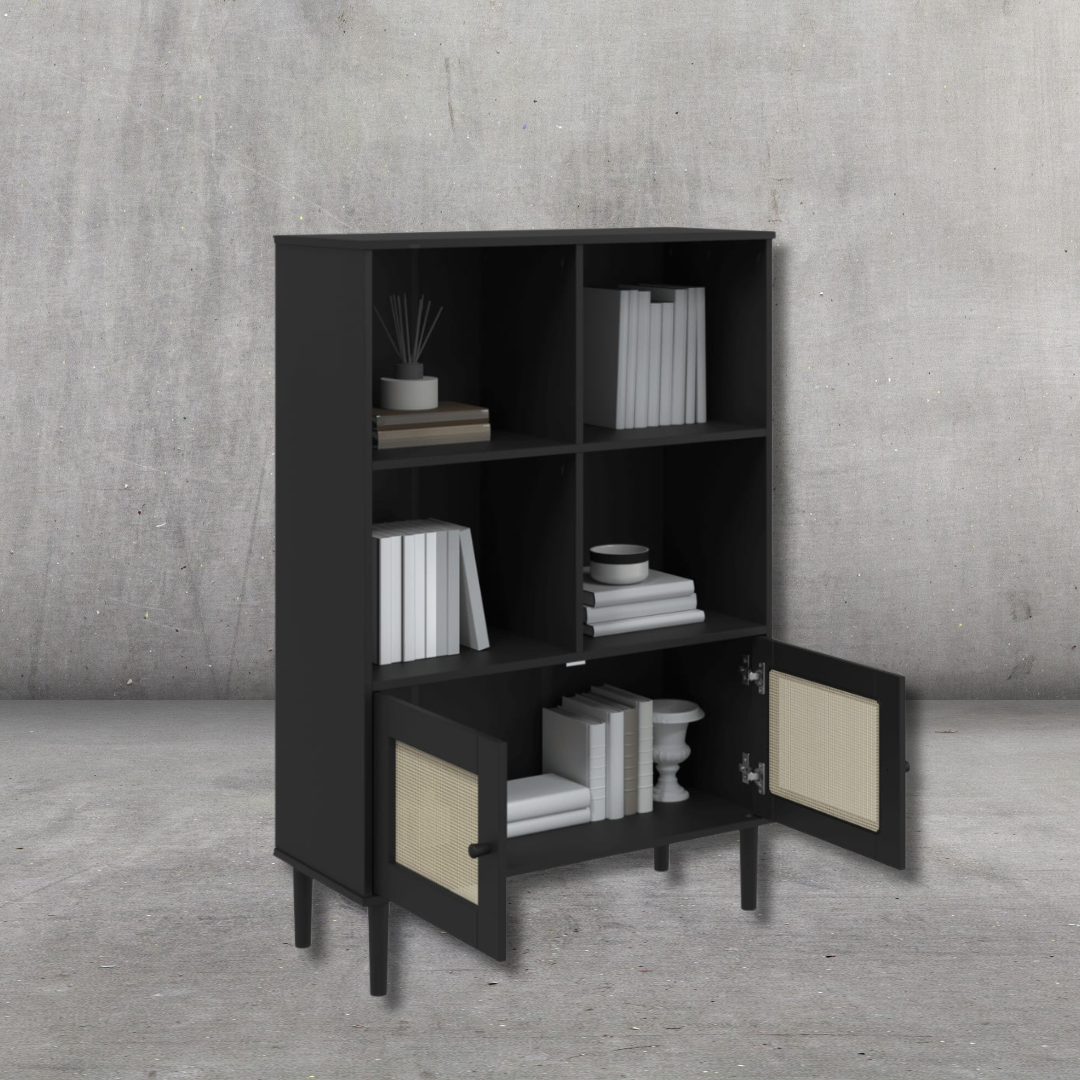 Bücherschrank Rattan-Look Schwarz 90x35x130 cm Kiefernholz