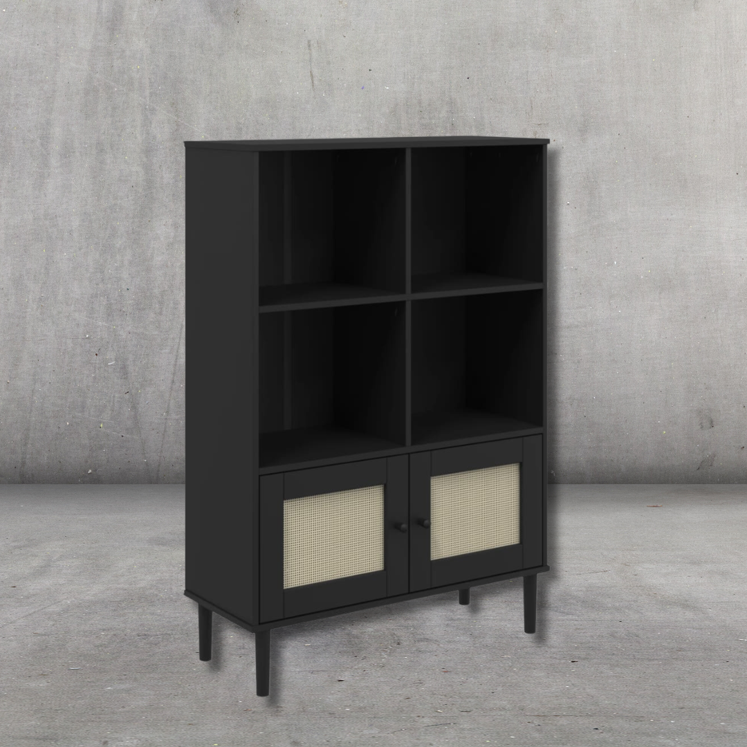 Bücherschrank Rattan-Look Schwarz 90x35x130 cm Kiefernholz